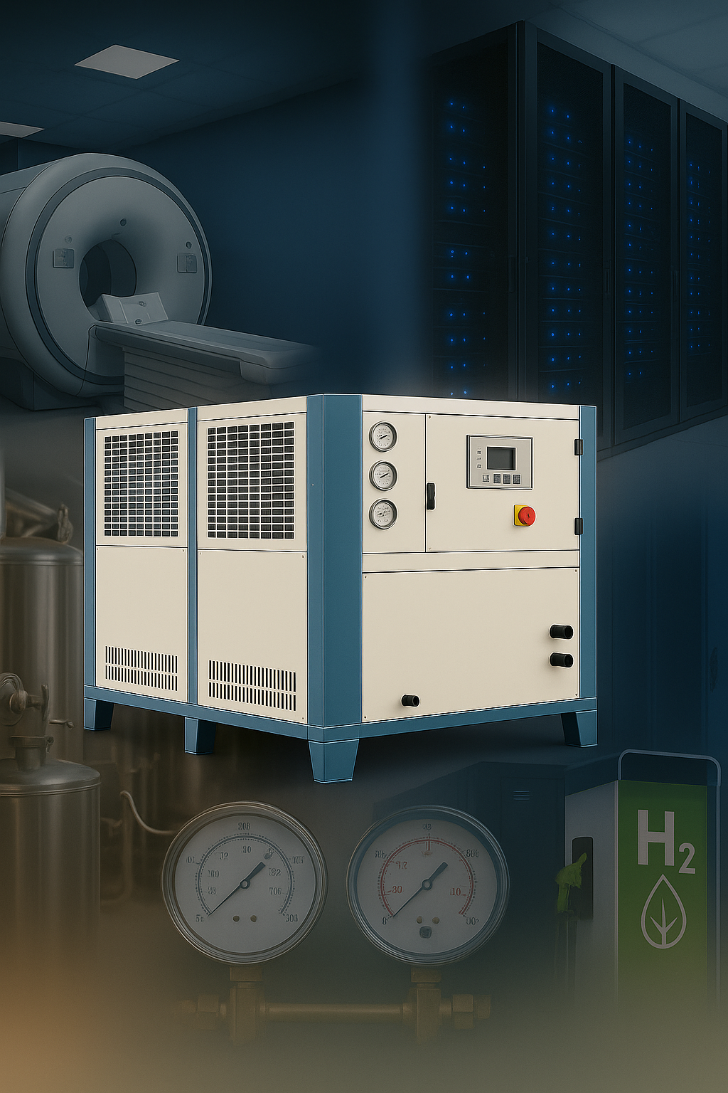 FrostPulse primary cooling system serving data center, medical imaging, industrial, and hydrogen applications